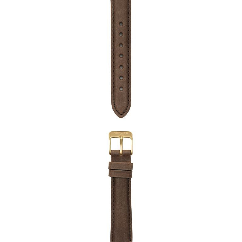 Dark brown leather strap, 16 mm with Norlite logo on gold clasp