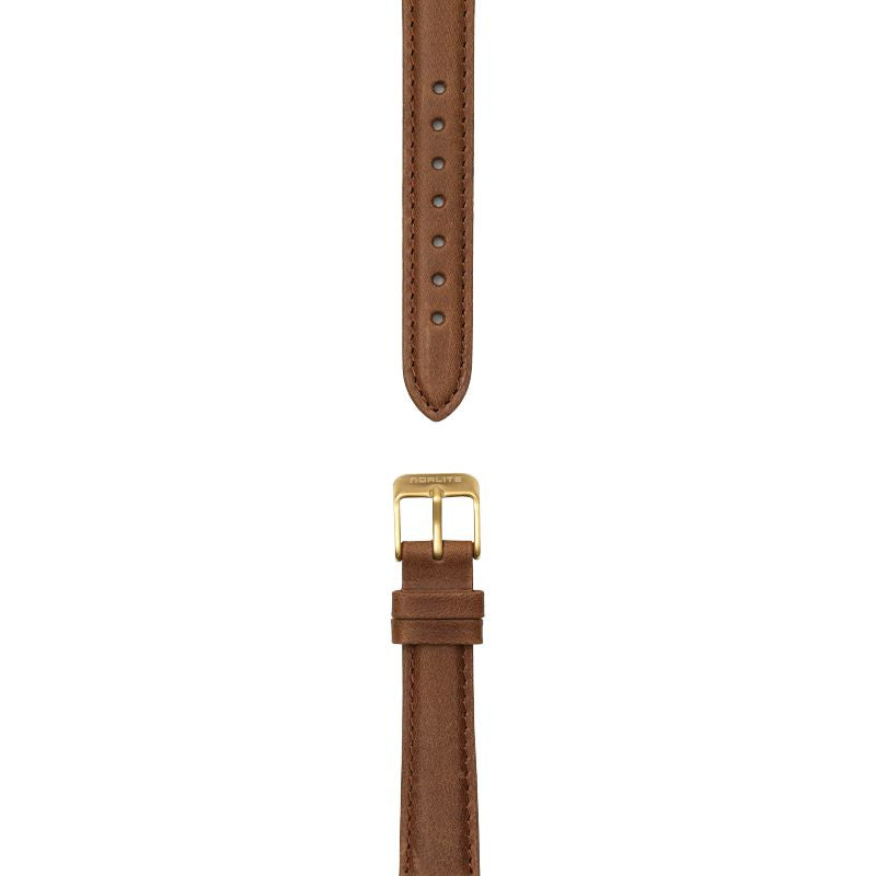 Cognac brown leather strap, 16 mm with Norlite logo on gold clasp