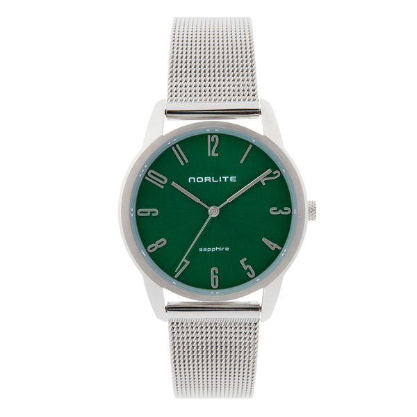 Norlite women’s watch with clear green dial and steel mesh band