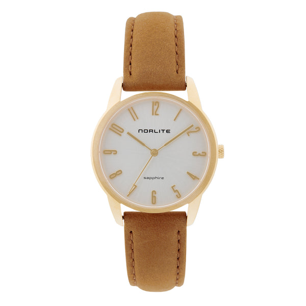 Women’s gold plated women’s watch with light brown leather strap