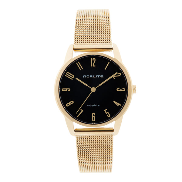 Women’s gold plated/black dial combination with mesh band