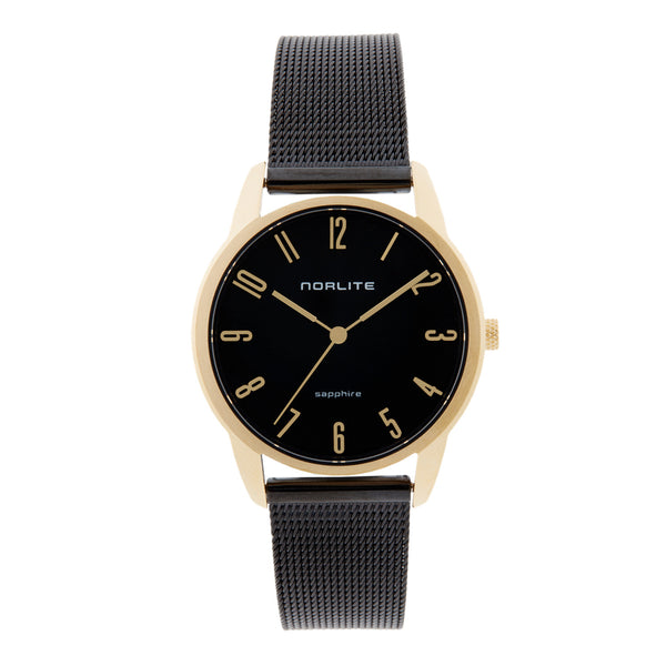Stylish gold plated watch with black mesh band