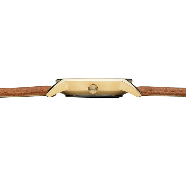 Women’s gold plated women’s watch with light brown leather strap